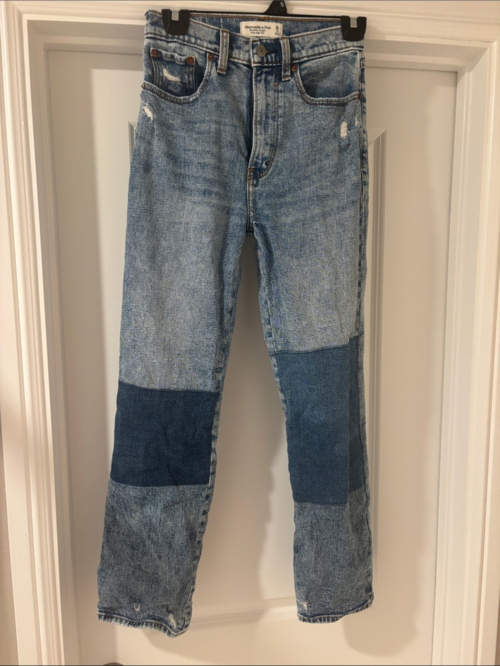 Abercrombie & Fitch Light Blue Straight Leg Jeans with Dark Blue Knee Patches
